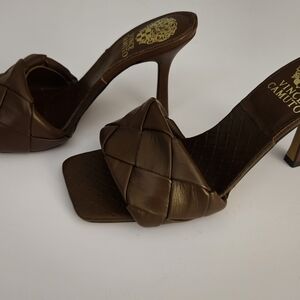 Vince Camuto Dark Brown Woven Leather Square-Toe Slide Heels